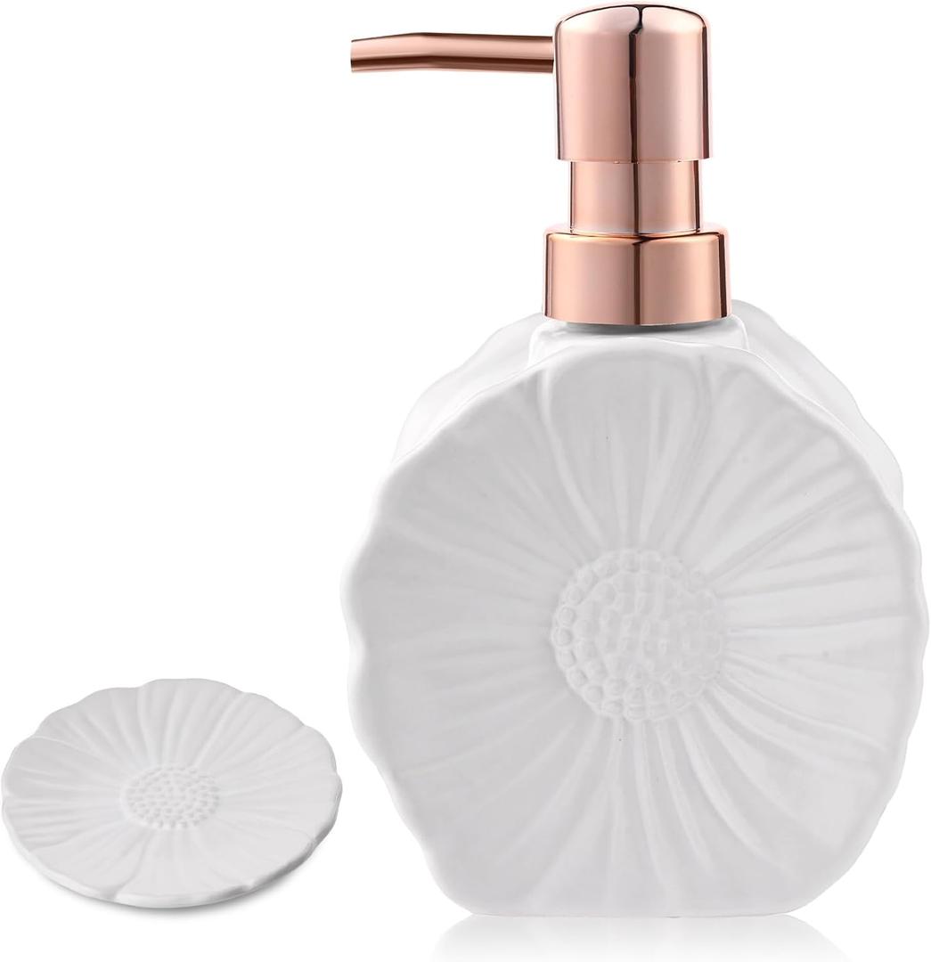 Ceramic Flower Soap Dispenser and Soap Dish Set, Marbled Elegant Bathroom Decor with Non-Slip Base, Modern Hand Wash Bottle & Soap Tray for Bathroom Sink Countertop, Kitchen, Spa (Flower White)