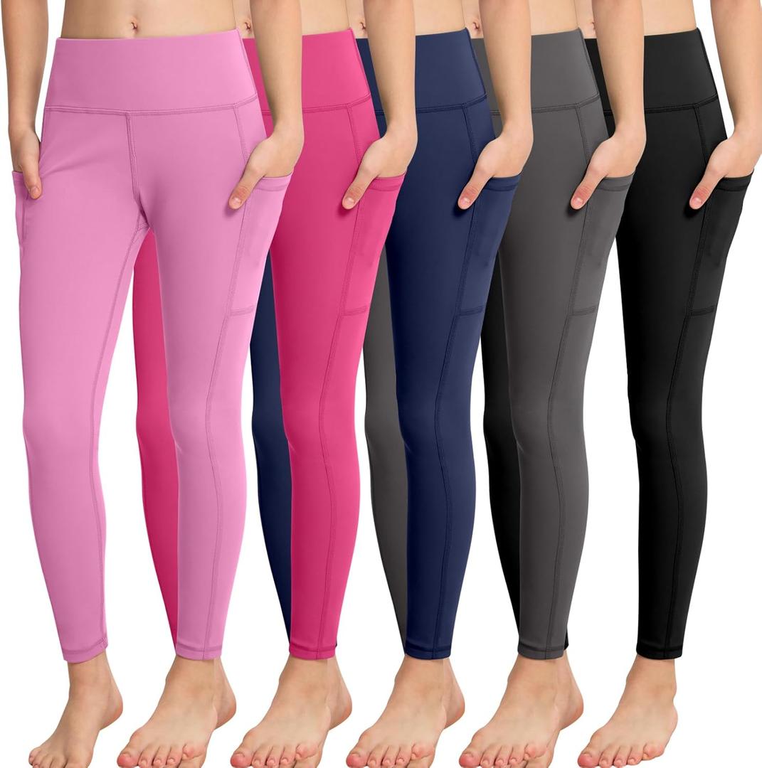 CHRLEISURE Girls' Athletic Leggings with Pockets, 5 Packs Kids Teen Dance Yoga Workout Running Pants  XL