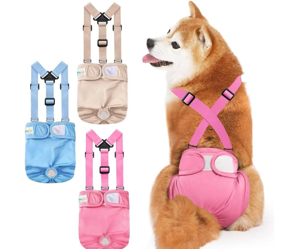 Idepet Female Dog Diapers with Suspender Detachable, 3 Pack Washable Reusable Girl Doggie Diapers for Small Medium Female Dog in Heat Period Cycle Urinary Incontinence Training XS