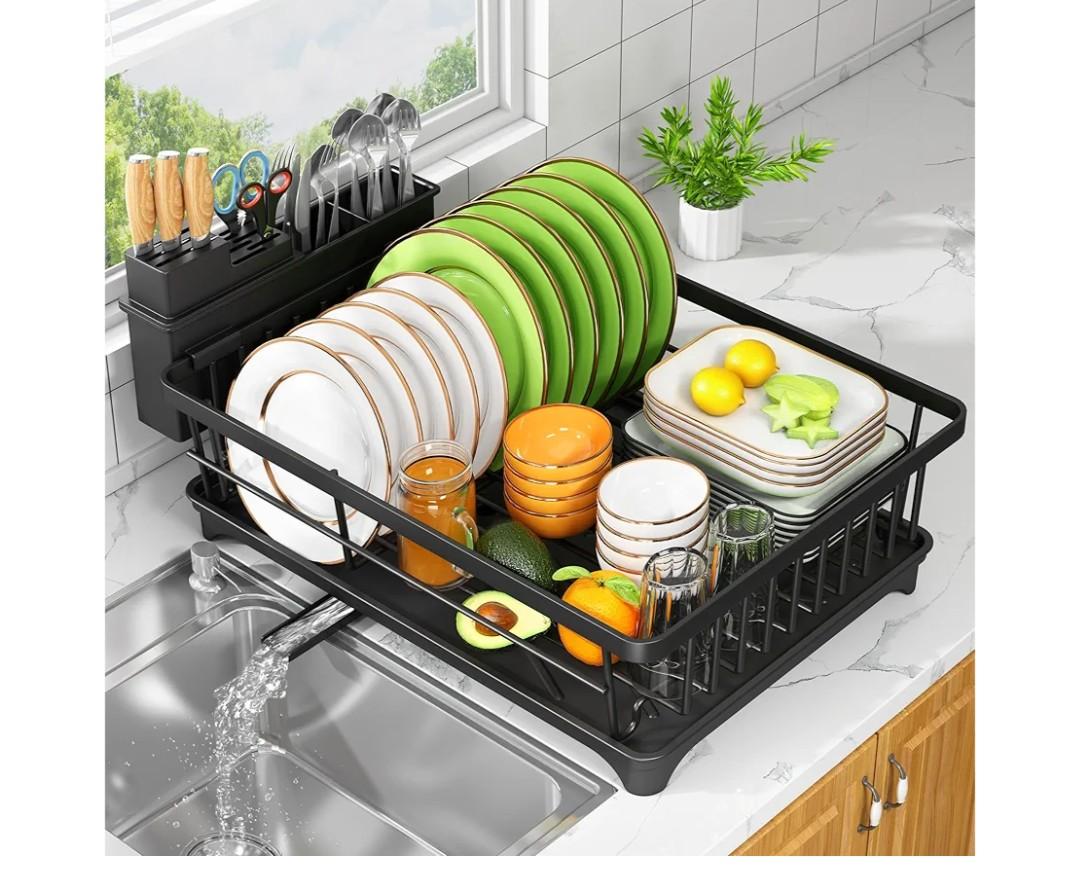 Dish Drying Rack - Space-Saving Small Dish Rack for Kitchen Counter, Rust-Resistant Kitchen Drying Rack, Compact Dish Drainer Organizer with Utensil Holder for Home Kitchen, Black