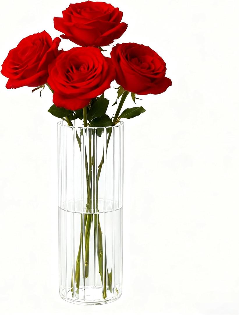 Flower Vase, Non-breakable Vase for Flower, Ribbed Acrylic Vase, 4"W x 8"H Tall Clear Cylinder Vases for Centerpieces, Living Room, Dining Table, Office, Bookshelf Decoration Housewarming Gift