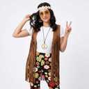 60s 70s Outfit for Women Hippie Costume 8pcs Fringe Vest Flared Pants Costume Peace Sign Necklace Earrings (Brown, XXL)
