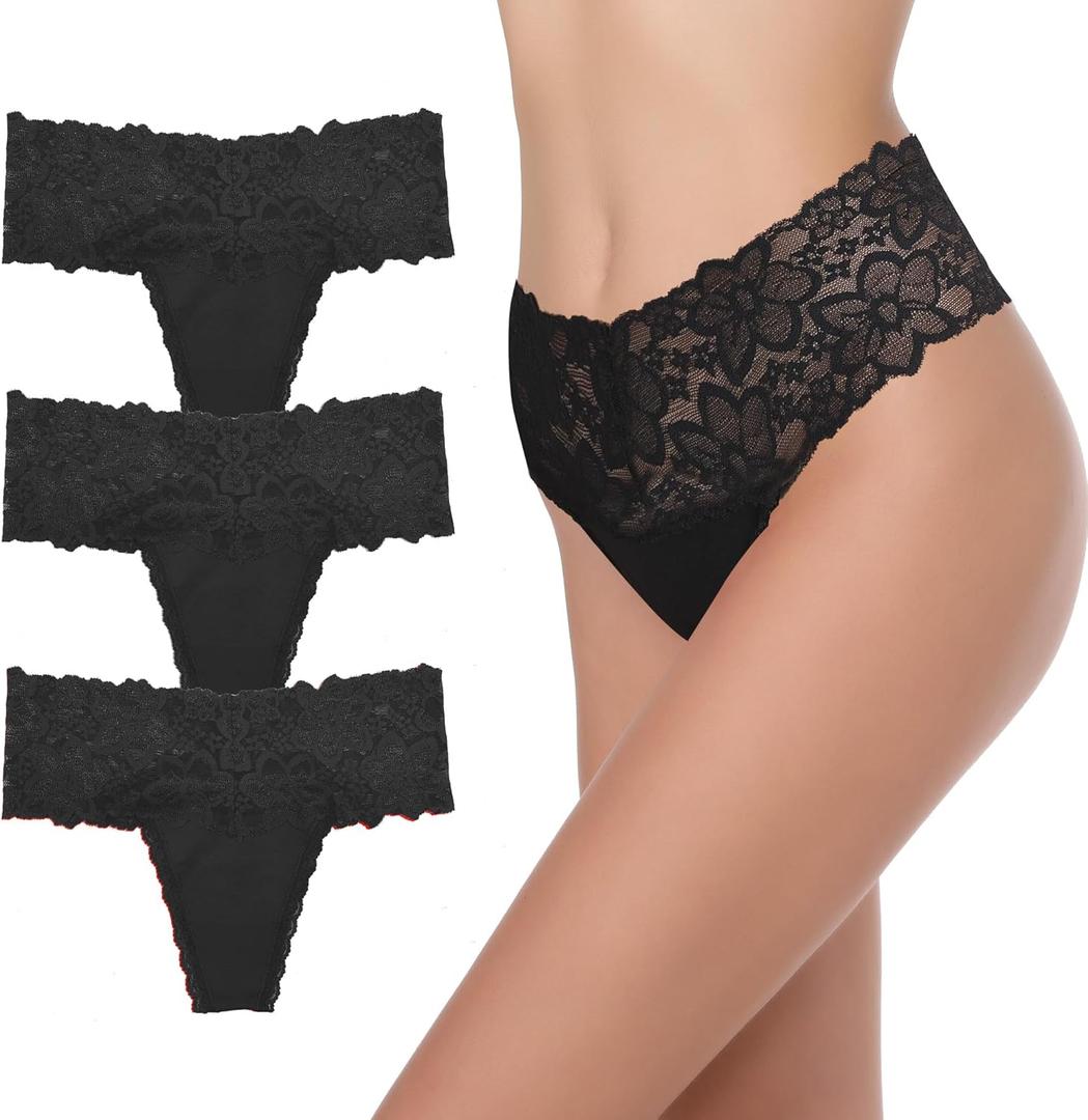 GAREDOB High Waisted Thong Underwear Tummy Control Panties Cotton Lace Black Size L Pack-3