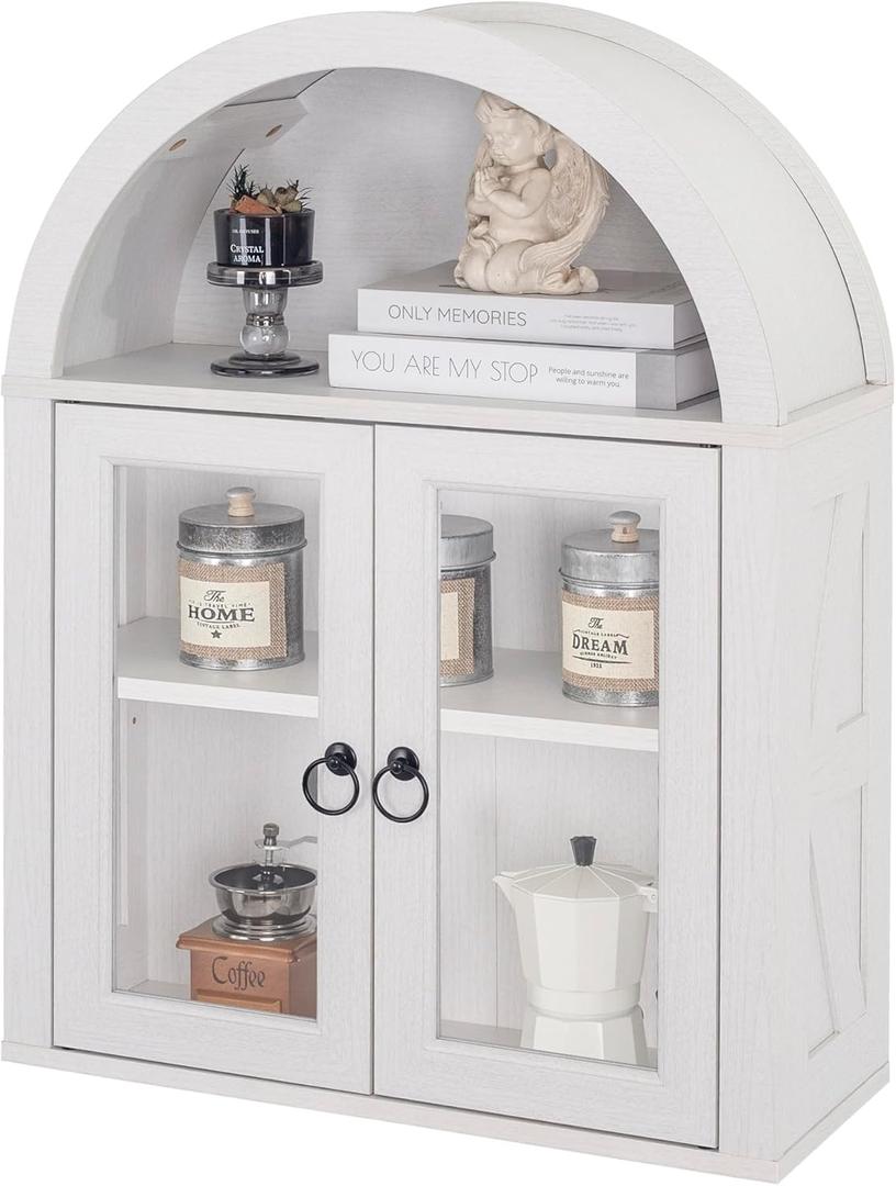 Arched Wall Cabinet with Glass Door, Arch Display Wall Mounted Cabinet, Farmhouse Wall Cabinet with Shelves for Living Room, Bathroom, Kitchen (White)