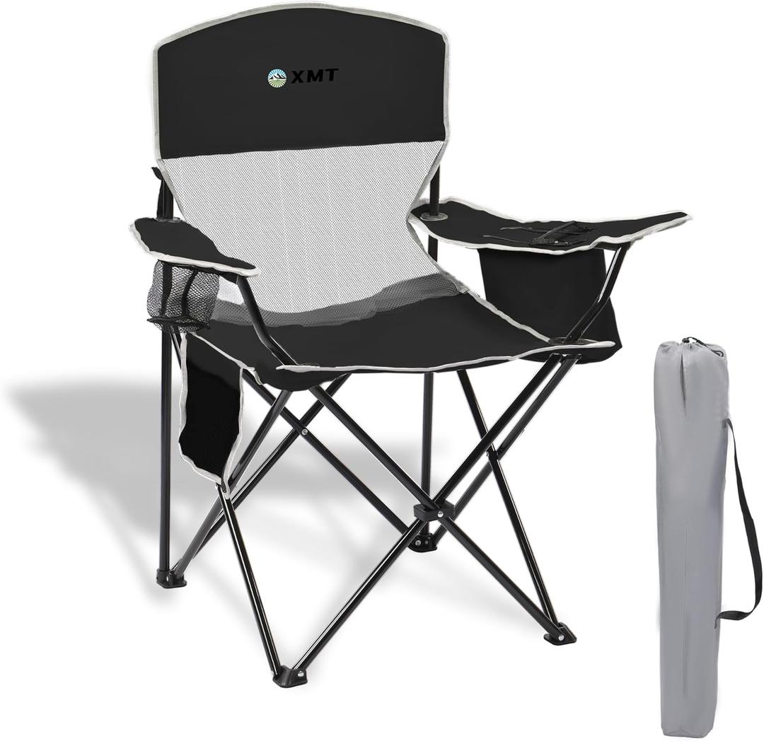 Portable Outdoor Folding Chair with Cup Holder & Cooler Bag - Breathable Mesh, Wide Armrests, Ergonomic Design for Camping, Beach, Backyard - Includes Storage Bag & Bottle Opener (Black)