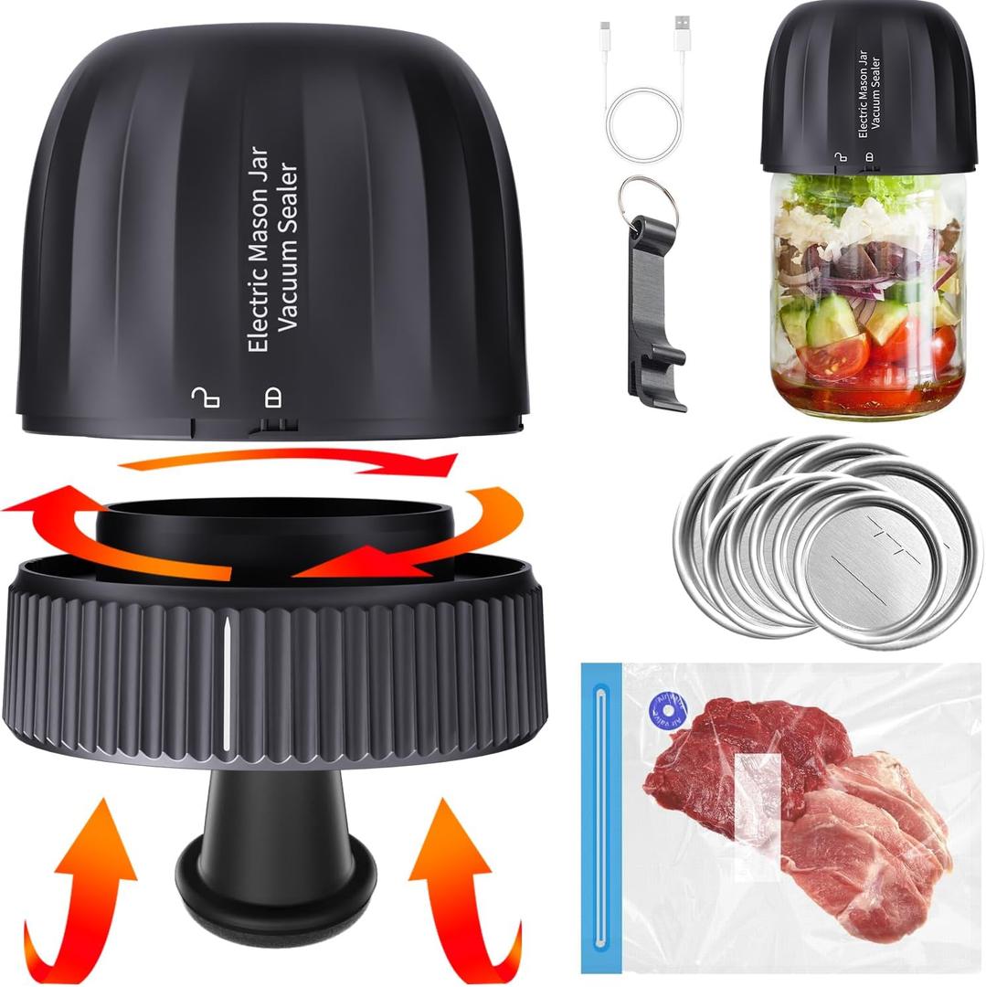 3 IN 1 Electric Vacuum Sealer Kit for Wide Mouth and Regular Mouth Mason Jars, Food Sealed Bags (Black)