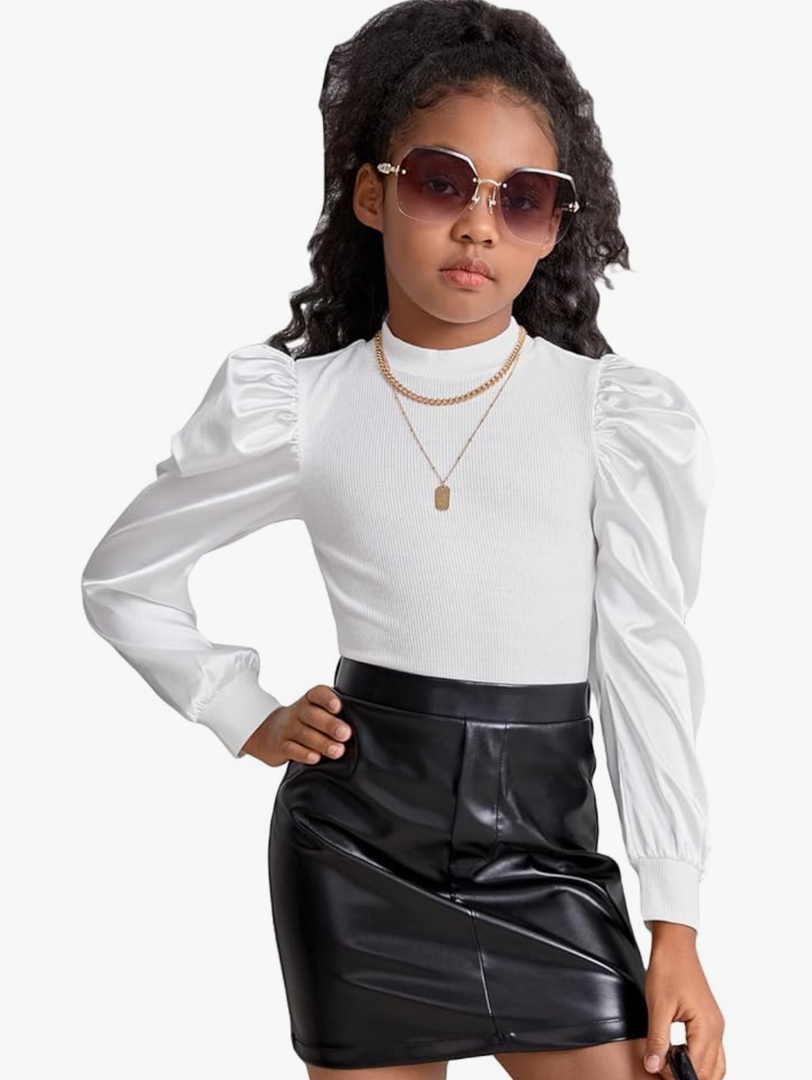 Floerns Girls Casual Puff Long Sleeve Round Neck Rib Knit Blouse Tee Tops, Size 9Y