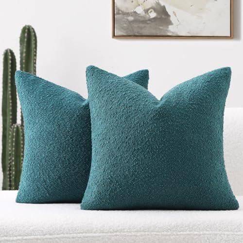 Pack of 2 Teal Green Decorative Throw Pillow Covers 18x18 Inch Soft Cozy Solid Boucle Textured Cushion Case,Modern Home Decor for Couch Bed Living Room