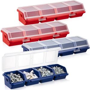 Hushee 4 Pcs Screw Organizer Box with Lid 4 Compartments Tool Bin Divider Plastic Stackable Hardware Organizer Small Part Storage Sorting Screw Box for Garage Workbench Craft Storage (Blue,Red)
