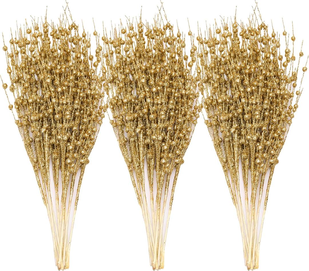 Joiedomi 24 Pcs Christmas Tree Berry Stem (Gold), Decorative Bead Sticks, Glittery Twigs, Picks, Branches for Christmas Tree, Small Vase, Holiday, Wedding, Party (17 Inches, Gold)