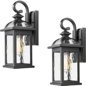 Outdoor Wall Lights Black Exterior Light Fixture Wall Mount with Water Ripple Glass 15 Inch Height Outdoor Wall Lamps 2-Pack Waterproof E26 Socket