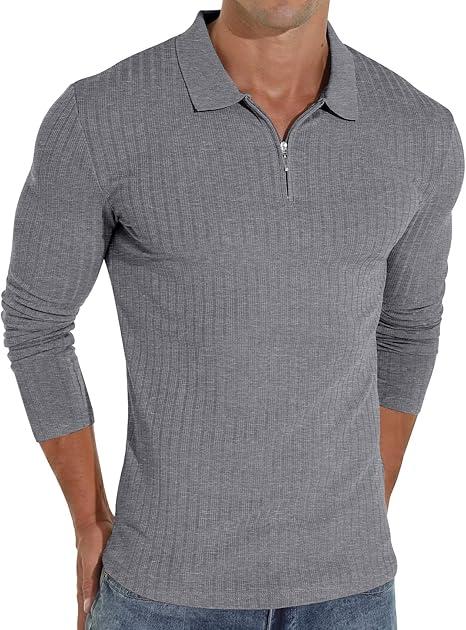 Askdeer Men's Polo Shirts Slim Fit Short Sleeve Zipper Polo T Shirt Muscle Golf Shirt Casual Classic Tee, L