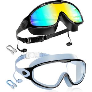 Aegend New Kids 2 Pack Wide View Swim Goggles, Anti-Fog/UV No Leak Goggles with Ear Plugs Kids 3-14