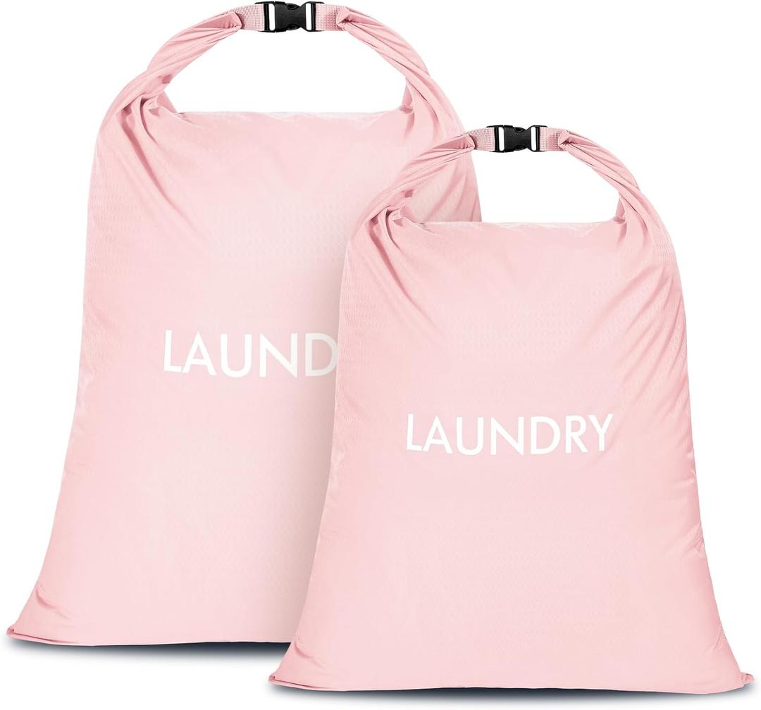 2 Pack Travel Laundry Bag, Nylon Washing Bags for Laundry, Roll Top Wet Dry Bag for Swimming Yoga Bathing Suit Workout, Dirty Clothes Storage Organiser (Pink)