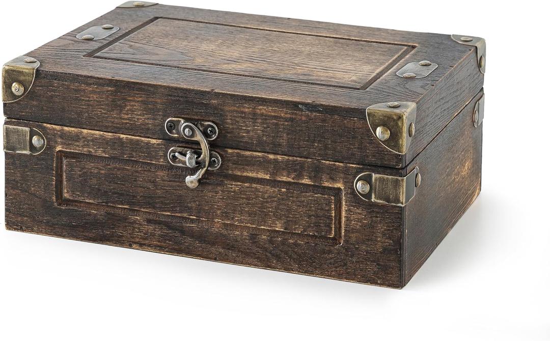 Soul & Lane Sydney Wooden Storage Box with Hinged Lid and Antique Hardware - 11" x 7.8" x 4.3", Wood Keepsake and Memory Chest for Men, Masculine Decorative Treasure Trunk for Photos and Mementos