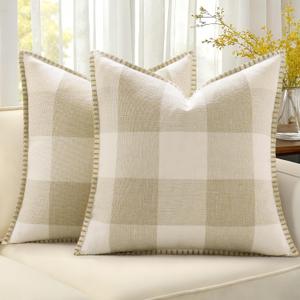 DecorUhome Summer Buffalo Plaid Check Throw Pillow Covers 18x18 Set of 2 Outdoor Linen Decorative Farmhouse Gingham Pillow Covers with Stitched Edge for Bed Couch Sofa, Cream White and Beige