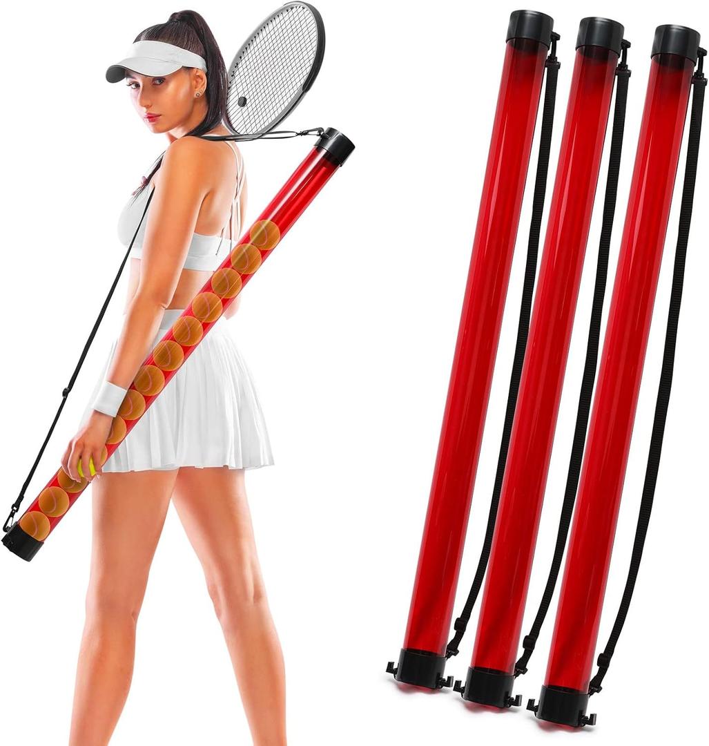 Jerify 3 Pcs Tennis Ball Tube Pickup Picker Holds 18 Balls with Shoulder Strap for Tennis Balls Pickup Collector, Carrier, Dispenser (Red)