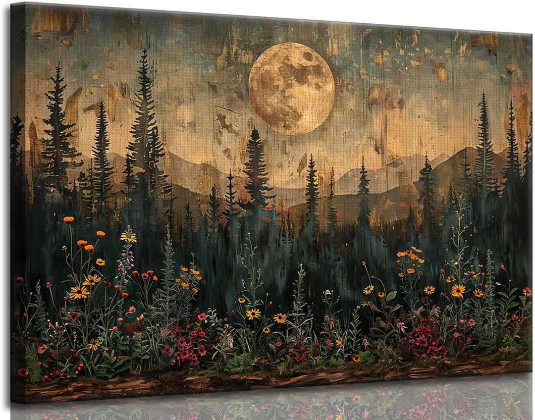 Full Moon Forest Canvas Wall Art Vintage Moonlit Pine Tree Mountains and Wildflowers Woodland Nature Landscape Picture Wall Decor Poster Print Artwork for Bedroom Living Room Home Decoration (36"L x 24"W)