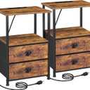 LOAKEKEL Night Stand Set 2, Nightstand with Charging Station, End Tables with Storage Shelf for Small Spaces, Bedside Table Side Tables with 2 Fabric Drawers for Bedroom, Rustic Brown, HETS020PBR, 15.35''w X 11.41''d X 23.3''h