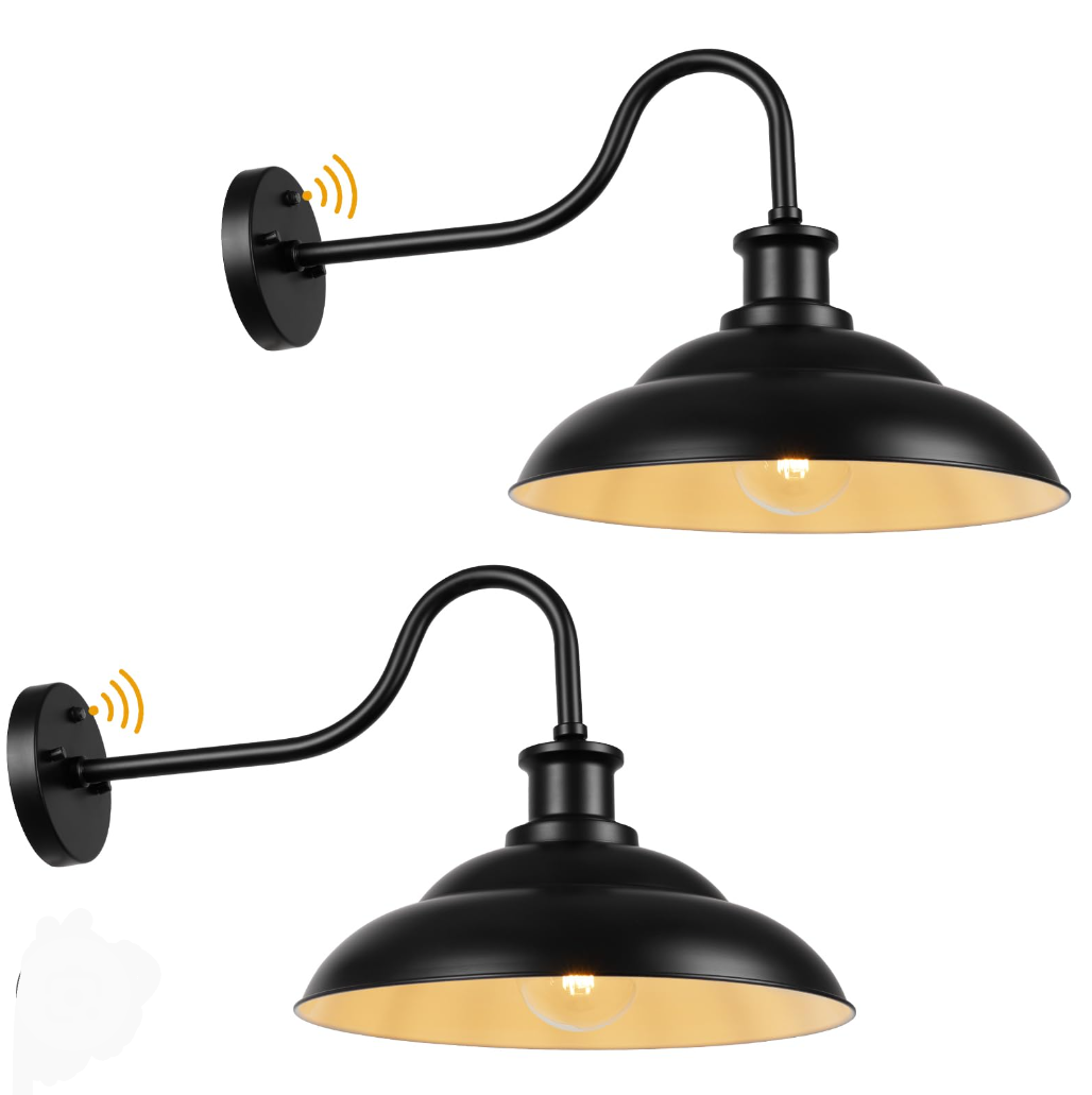 Treekee Farmhouse Gooseneck Barn Light Outdoor, Dusk to Dawn Lighting, 16" Vintage Exterior Garage Fixtures, Wall Mount Outside House Lights for Front Porch, Entryway, Doorway, Black, 2 Pack