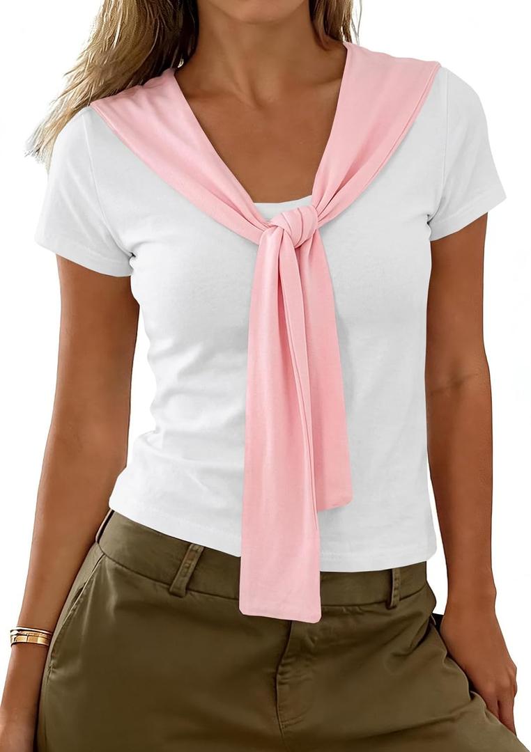 Remidoo Womens Sailor Collar Shirt Short Sleeve Color Block T Shirt (Pink, XL)