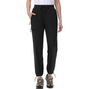 MAGCOMSEN Women's Hiking Pants UPF 50+ Water Resistant Quick Dry Lightweight Elastic Waist Cargo Pants with 4 Pockets (Black, L)