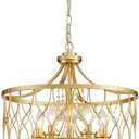 Gold Crystal Chandelier, 5-Light Modern Farmhouse Chandelier for Dining Room Vintage Hanging Pendant Light Fixtures, Gold Round Chandelier for Kitchen Island Entryway Foyer Bedroom Office Bar