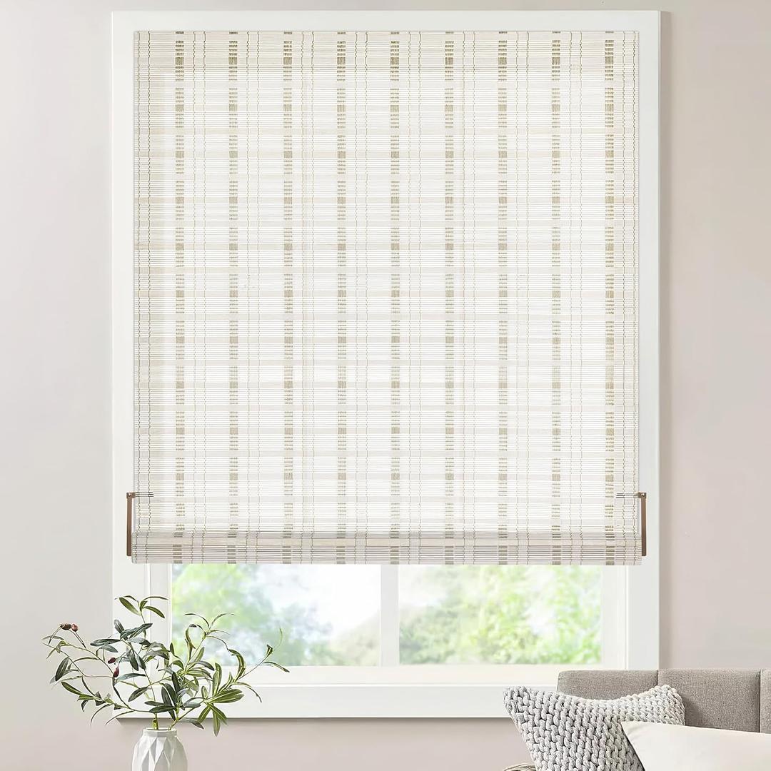 LazBlinds No Tools No Drill Bamboo Roller Shades, Cordless Bamboo Blinds, Light Filtering Roll Up Blinds for Windows, French Door, Porch or Patio, 23'' W x 64'' H, Whitewash B