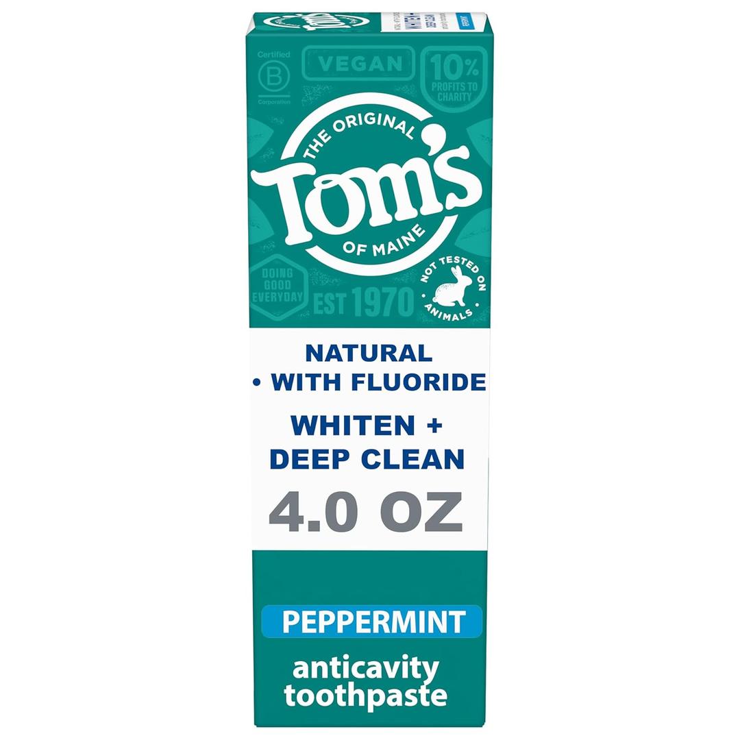 Toms of Maine Whiten Plus Deep Clean Whitening Toothpaste, Natural Whitening Toothpaste with Plant-Based Cleansers, Enamel Safe Formula, Whitens Without Causing Sensitivity, Peppermint, 4.0 oz (4 Ounce (Pack of 1)), Best By: 04/2027