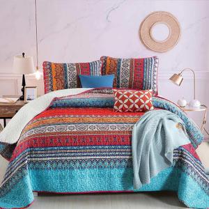 WONGS BEDDING Bohemian Quilt Set King Size, Boho Striped Printed Bedding Bedspread Coverlet Set for All Season, Lightweight Microfiber Quilts with 2 Pillowcases 104"x90" (3 Pieces, Colorful) (Beige)