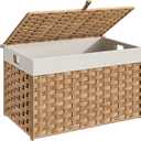 HOOBRO Storage Basket with Lid, 17.2 Gallon (65L) Wicker Basket, Handwoven Blanket Storage Basket with Handles, Metal Frame and Soft Lining, Foldable for Bedroom, Laundry Room, Natural NL265CW01