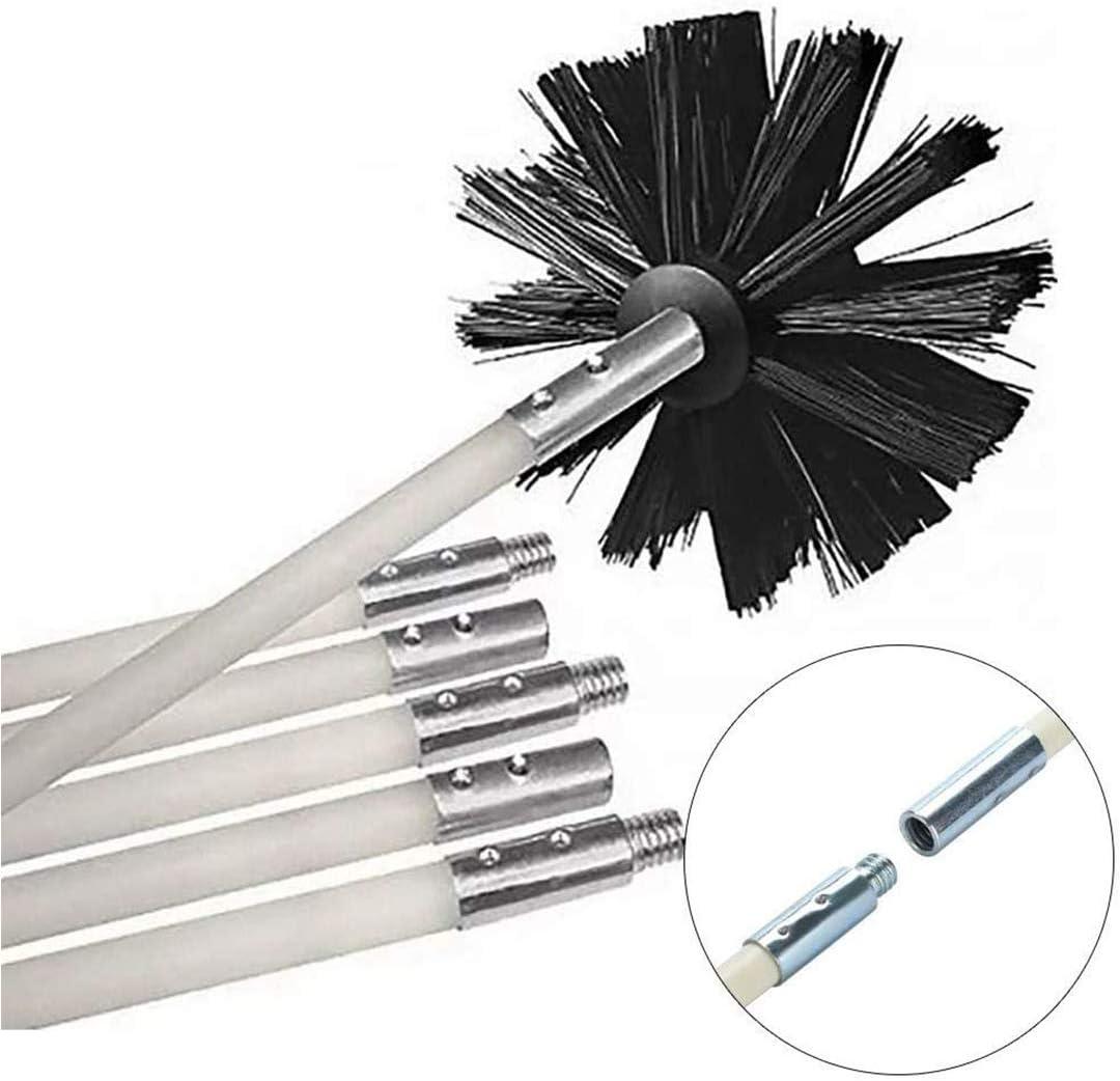 Chimney Cleaning Brush Kit, Duct Vent Cleaning Set with 5 Pcs Bendable Connectable Flexible Rods, 1 M8 Thread and 1Pcs Replaceable Brush Head, Drainage Pipeline Flue Cleaning Tool