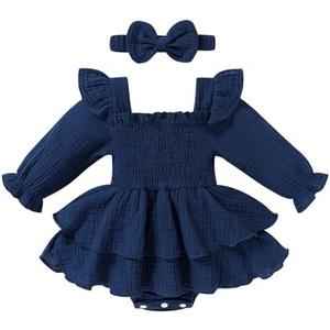 YOUNGER TREE Baby Girl Fall Clothes Infant Long Sleeve Ruffle Romper Dress with Headband Cute Toddler Winter Outfits 3-6M 1Pcs