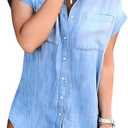 Zilcremo Women Denim Shirt Dresses Short Sleeve Distressed Jean Dress Button Down Casual Tunic Top ,size Medium
