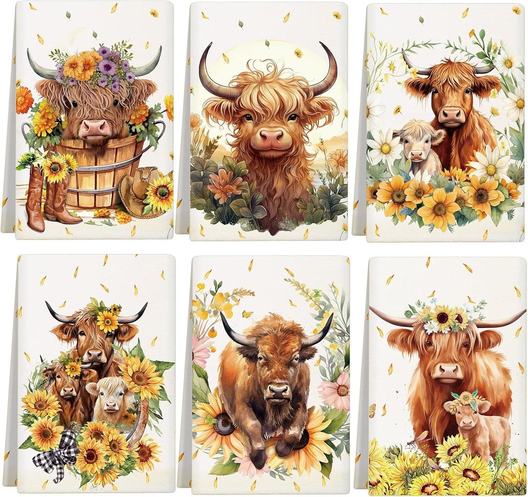 Redbaker Set of 6 Highland Cattle Kitchen Towels Highland Cow Themed Dish Towels Absorbent Farm Cattle Watercolor Floral Tea Hand dishcloths Housewarming Gift for Farmhouse Kitchen(Vintage,Sunflower)