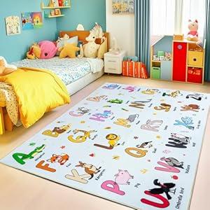 Bolacrom Kids Rugs for Playroom, 3x4 Feet Educational Rug for Learn The ABC Alphabet, Soft Machine Washable Non-Slip Cute Cartoon Animals Carpet for Classroom Toddler Nursery Kids Room Decor, Blue