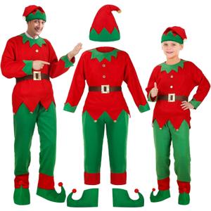Newcotte Christmas Elf Costume Set Kids Adult Elf Costume Suit Santa Hat Dress Stocking Shoe Belt Xmas