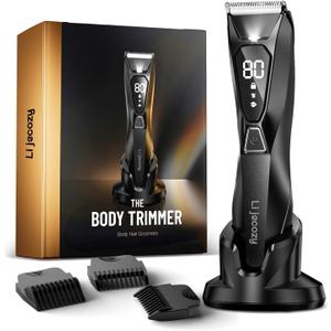 Body Hair Trimmer for Men - Pubic Hair Trimmer for Man - Electric Ball Shaver with Display & Light - Waterproof Wet/Dry Groomer kit for Groin - Wireless Charging - Cosmic Black