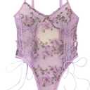 Lilosy Women Sexy Lace Up Floral Embroidered Teddy Lingerie Bodysuit Top Mesh Sheer One Piece (Small, Butterfly Light Purple)