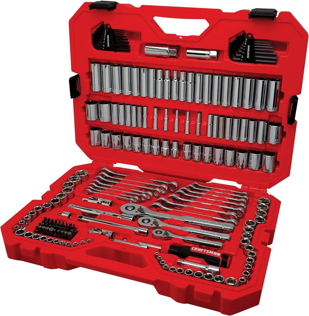 CRAFTSMAN Mechanic Tool Set 189 Pcs, 1/4, 3/8, 1/2 Socket Set with 72 Tooth Low Profile Ratchet, Steel 6 and 12 point Sockets, Wrenches, Hex Keys, Deep Sockets, Bits, Metric and SAE (CMMT12134)