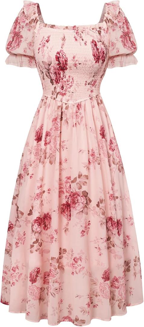 Scarlet Darkness Floral Dress for Women Summer Puff Sleeve Square Neck A Line Flowy Wedding Guest Tea Party Dresses, Large