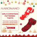 Aaronano 2 Pairs Girls Patterned Red Tights Christmas Holiday Stockings Kids Snowflake Printed Tights for Girls 4-10t (Christmas Leaf+Snowflake,Meduim)