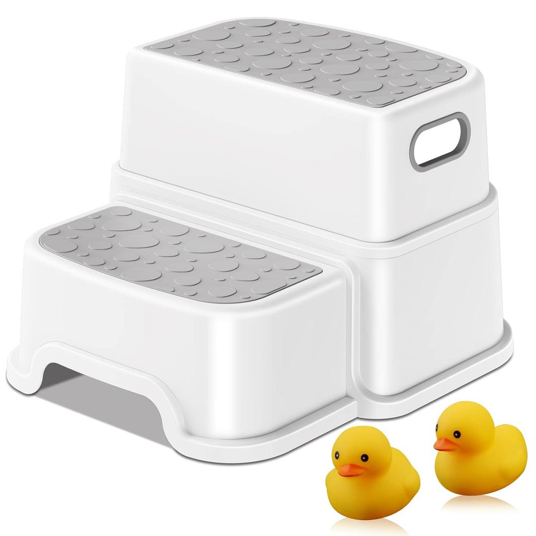 Toddler Step Stool,2 Step Stools for Kids with Anti-Slip Surface and Rubber Bottom, Kids Step Stool Poop Stool for Toilet Potty Training, Bathroom, Kitchen(Include 2 Ducks) (Gray)