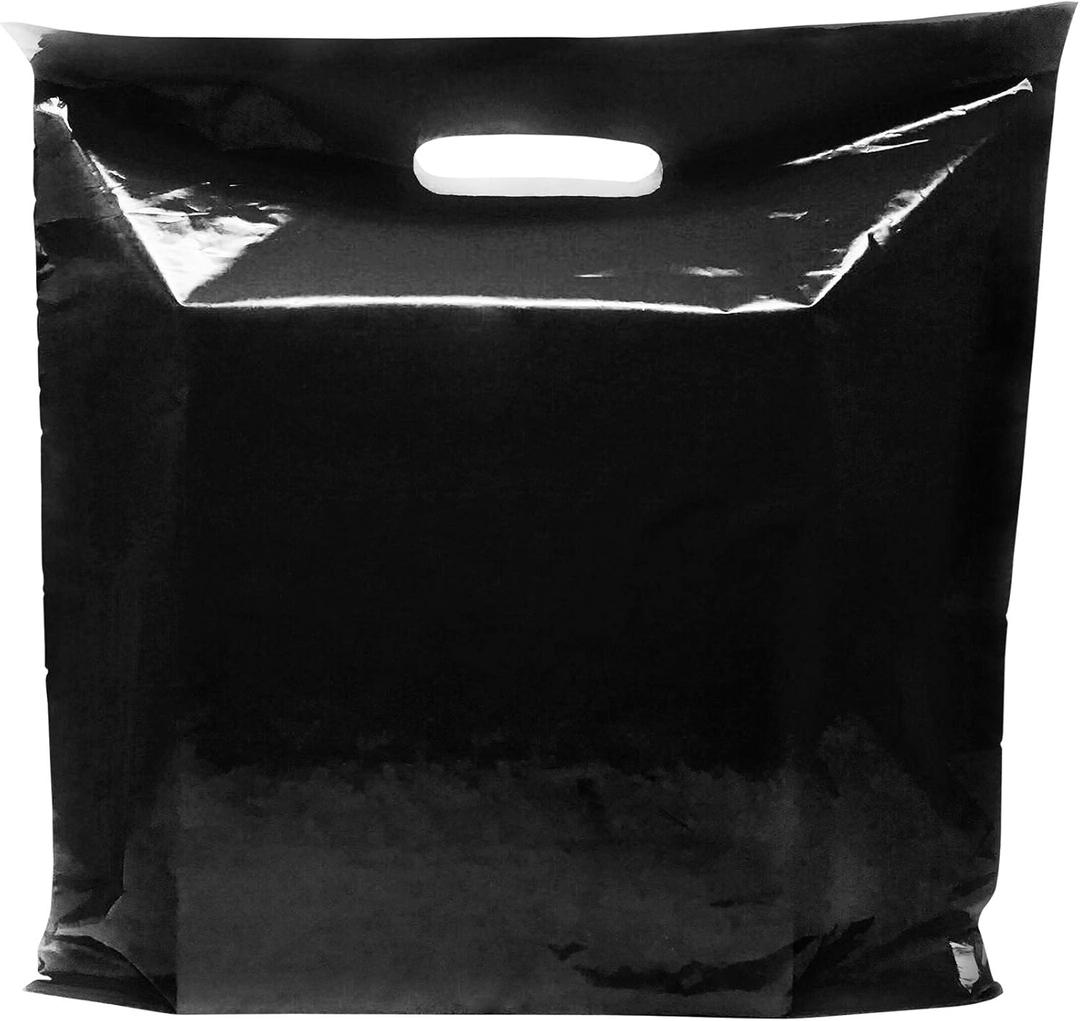 Extra Large Black Merchandise Bags - Plastic Glossy Perfect for Retail - 100 Pack 22" x 22" x 2 mil Thick - Die Cut Handles - Color Black - 100% Recyclable