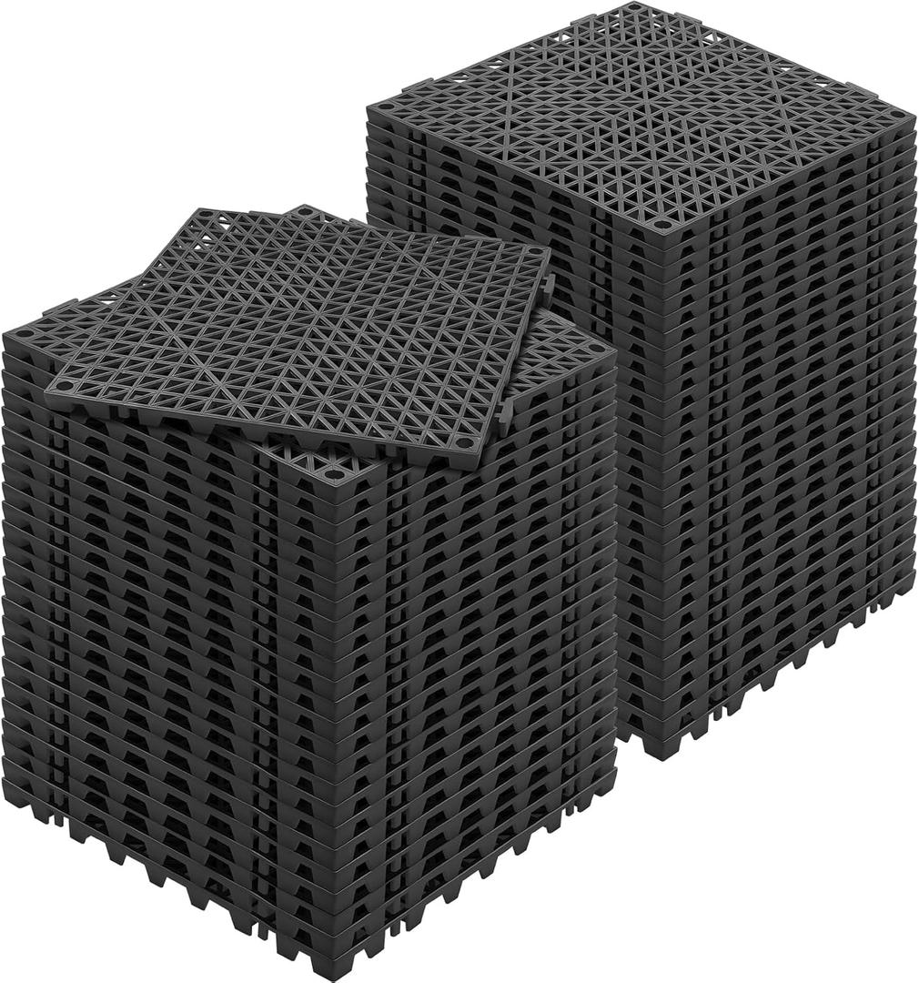 Happybuy Interlocking Tile 55PCS Black, Drainage Tiles 12" x 12"x 0.6 Splicing, Soft PVC Interlocking Floor Tiles, Non-Slip Drainage Holes for Restroom, Bathroom, Kitchen, Pool, Wet Area