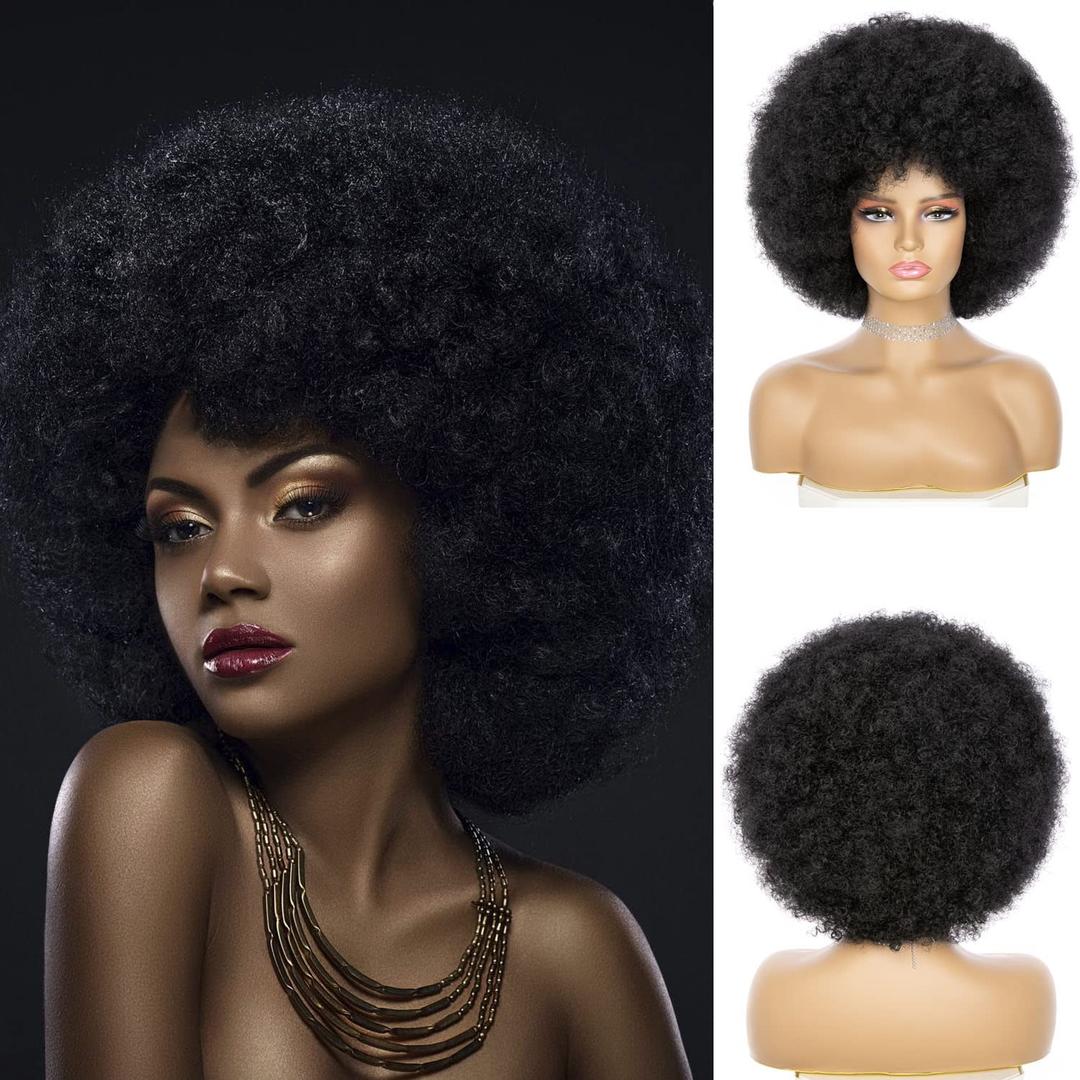 Soft Afro Wig 70s For Women Kinky Curly Hair Wigs With Bangs Natural Looking Short Curly Wig For Men Bouncy Black Puff Synthetic Hair Wig For Daily Party Use
