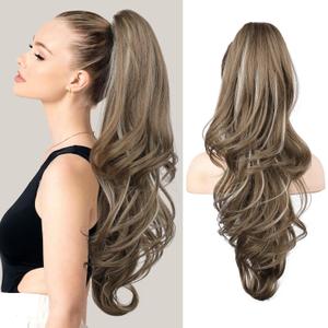 FLUFYMOOZ 26" Ponytail Extension, Long Wavy Curly Claw Clip in Ponytail Hair Extensions, Natural Synthetic Hairpiece for Women Daily Wear(Medium Brown Ash Blonde)