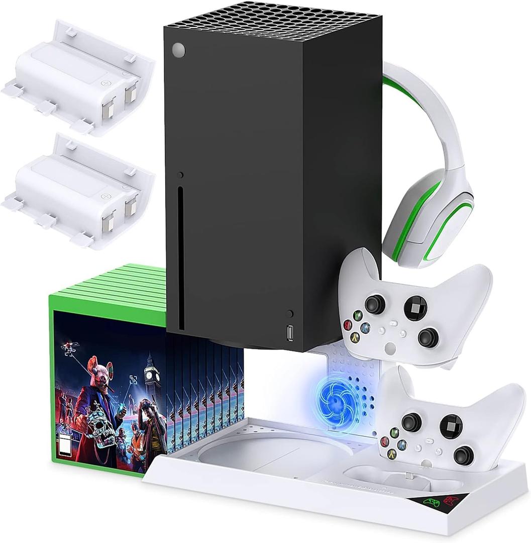 YUANHOT Vertical Cooling Stand Charging Station for Xbox Series X Console & Controller, Fan Cooling System for Xbox Series X Accessories with 1400mAh Rechargeable Battery, Headset Holder, Disc Storage (White)