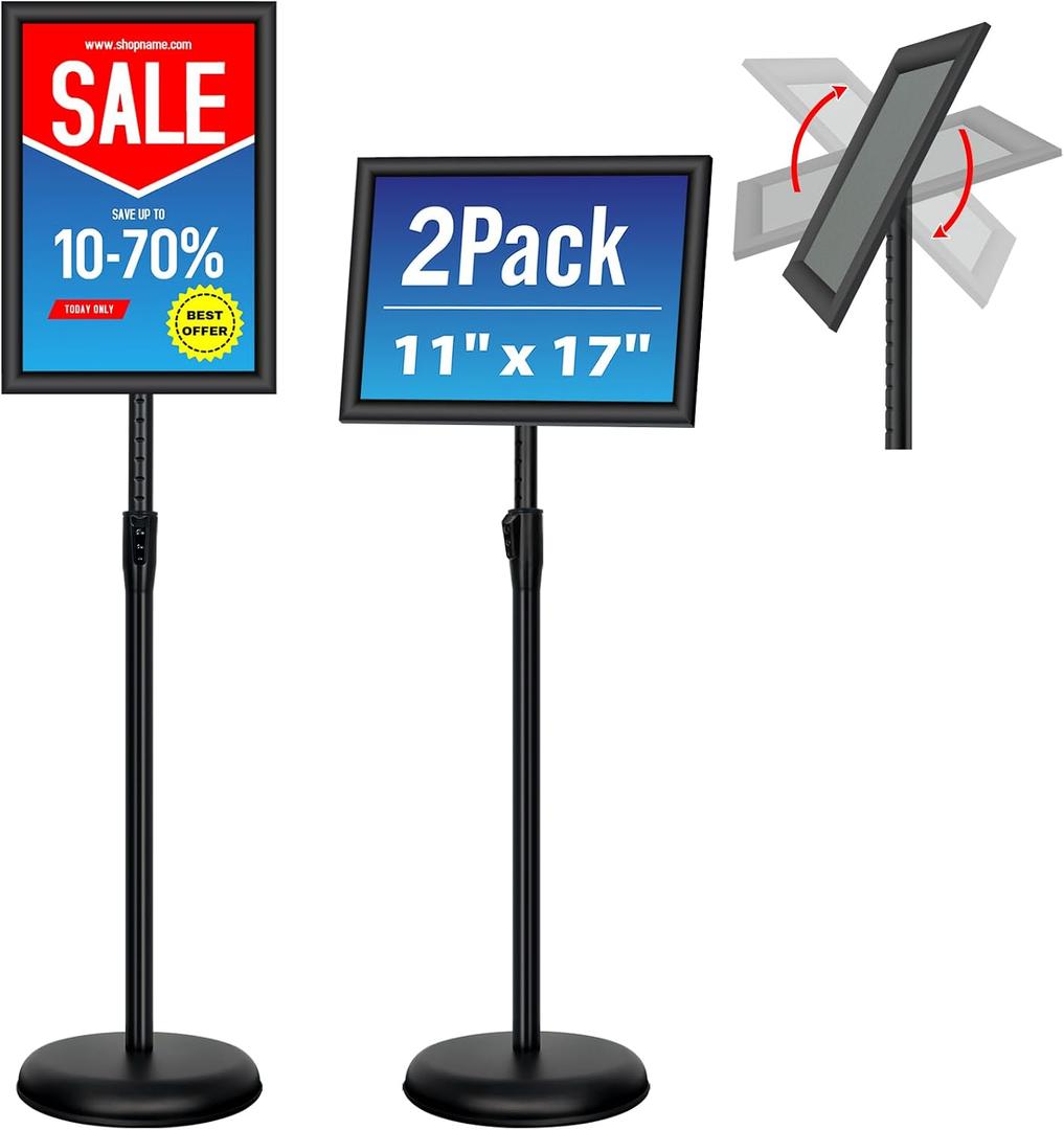 Adjustable Sign Holder Stand - 2Pack 11x17 Inch Pedestal Poster Sign Stand, Heavy Duty Floor Standing Sign Stand Aluminum Snap Open Frame for Church Business Store Sign Holder Stands (Black)
