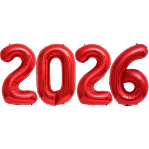 Giant Red 2026 Balloons, 40" Large Red 2026 Balloons Helium Mylar Foil Balloons for 2026 New Year Graduation Christmas Party Decoration